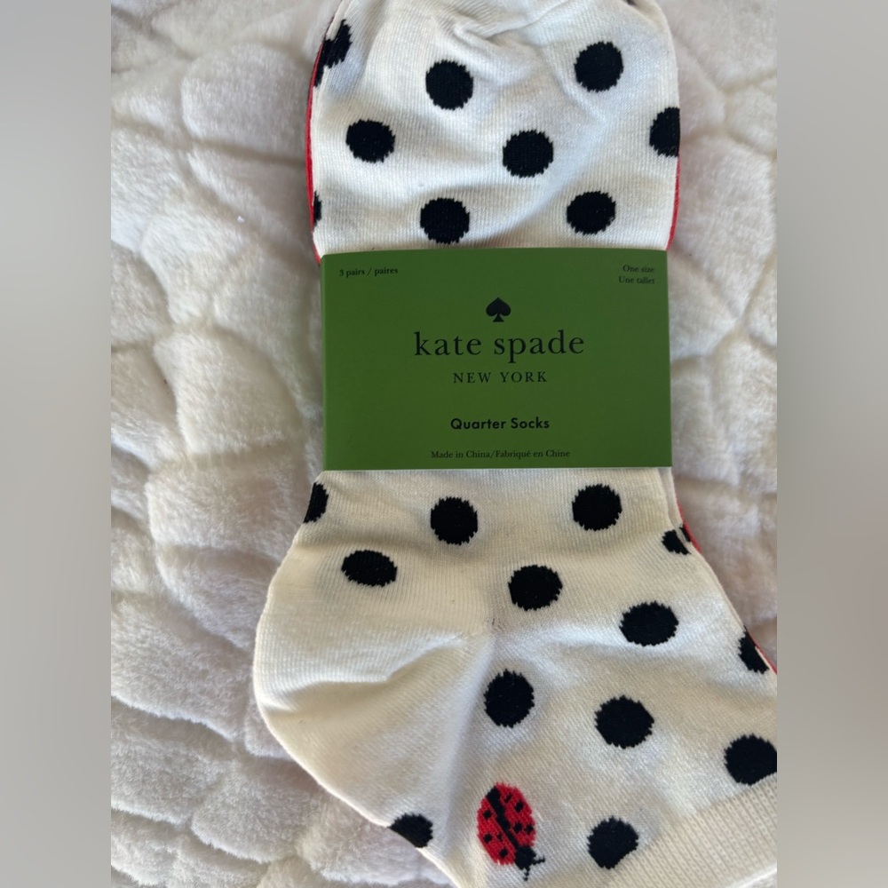 kate spade Lady Bug White Polka Dot Quarter Socks with Black Dots - Picture 3 of 6